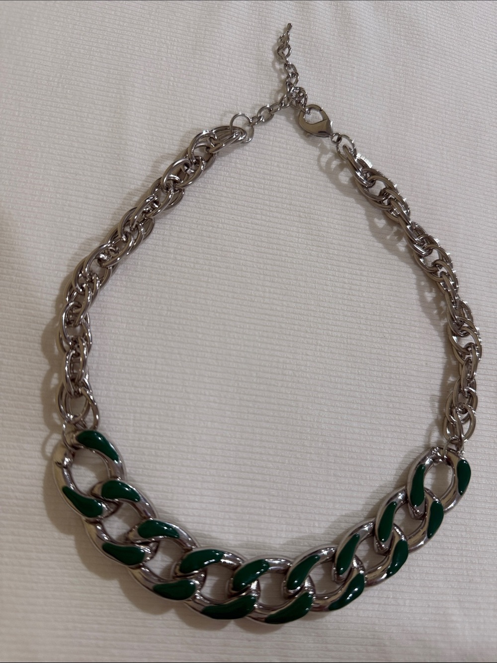 Silver Tone Necklace with Deep Green Enamel Links - Statement necklace
